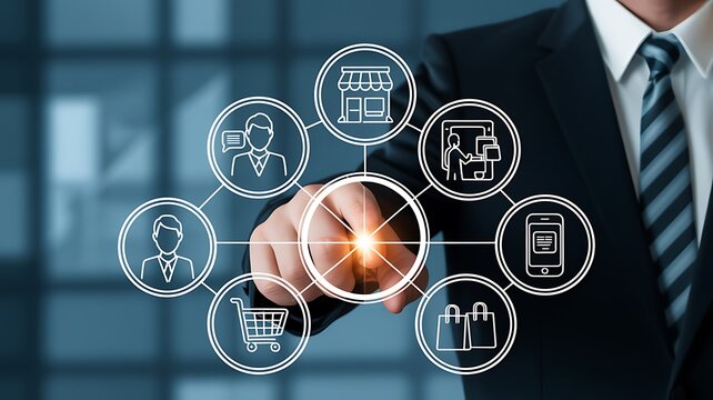 Businessman touching a digital interface depicting various aspects of business commerce and customer interactions.