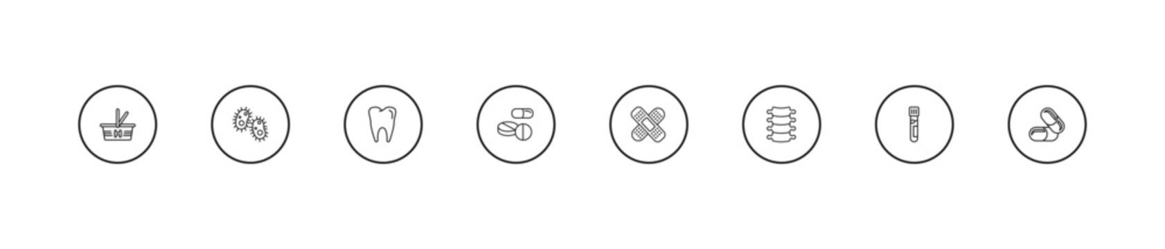 outline medical icons set - molar tooth, pill, plaster. editable vector for web and mobile ui