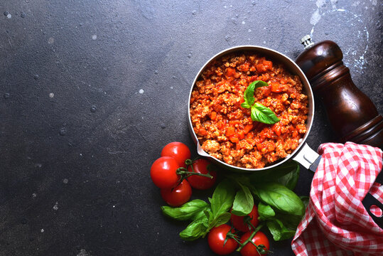 Traditional italian tomato sauce bolognese. Top view with copy space.
