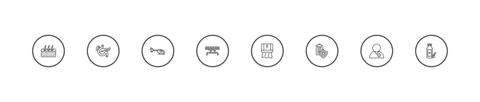 outline medical icons set - heliport, table of treatments, tissue paper. editable vector for web and mobile ui