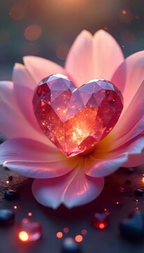 A pink heart shaped diamond sitting on top of a pink lotus flower.