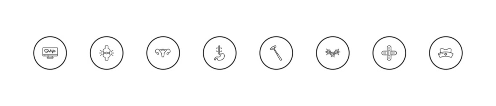 outline medical icons set - uterus, esophagus, medical hammer tool. editable vector for web and mobile ui