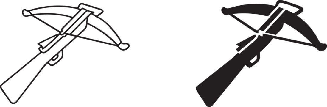 Crossbow projectile weapon vector black silhouette and line art.