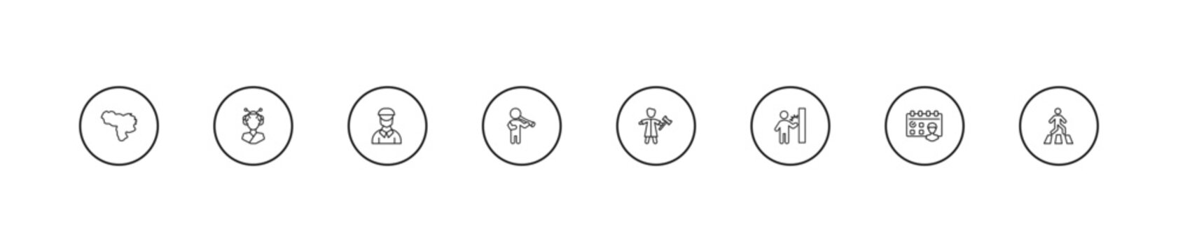 outline people icons set - dutch, man playing a flute, judge with hammer. editable vector for web and mobile ui
