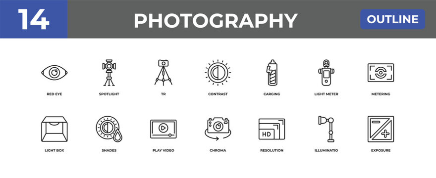 outline photography icons set - red eye, spotlight, illuminatio. editable vector for web and mobile ui