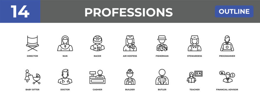 outline professions icons set - director, nun, teacher. editable vector for web and mobile ui