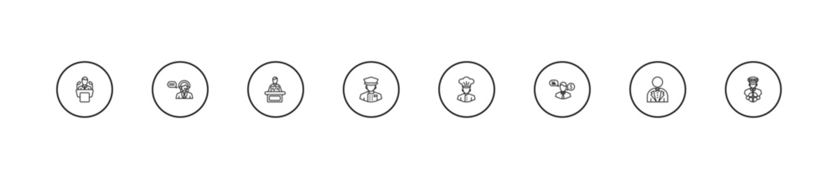 outline professions icons set - software developer, concierge, chef. editable vector for web and mobile ui