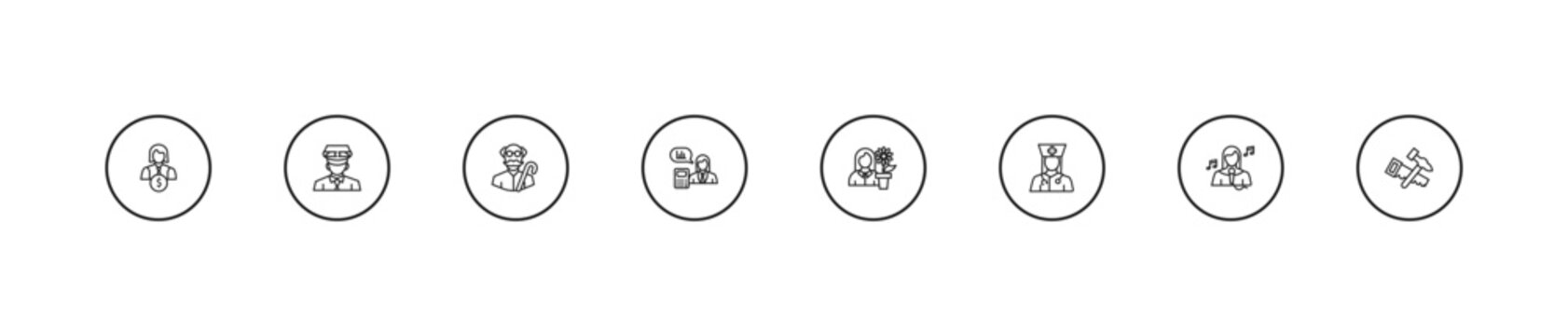 outline professions icons set - pensioner, actuary, florist. editable vector for web and mobile ui