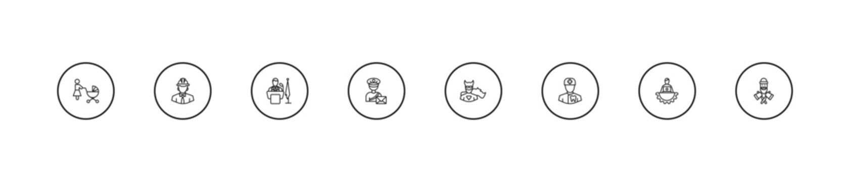 outline professions icons set - president, postman, superhero. editable vector for web and mobile ui