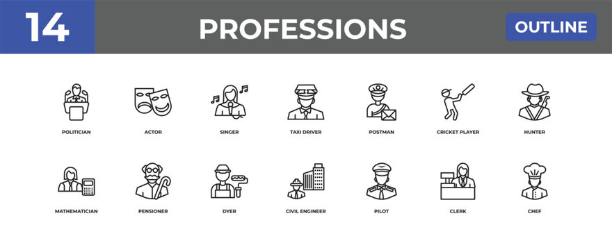 outline professions icons set - politician, actor, clerk. editable vector for web and mobile ui