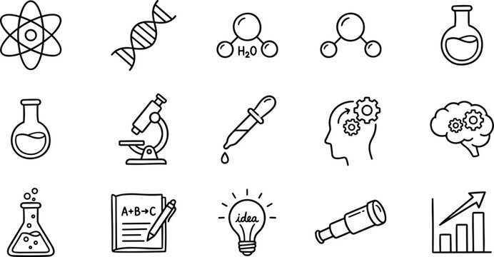 science and research icons with atom dna molecule brain and laboratory symbols on transparent background