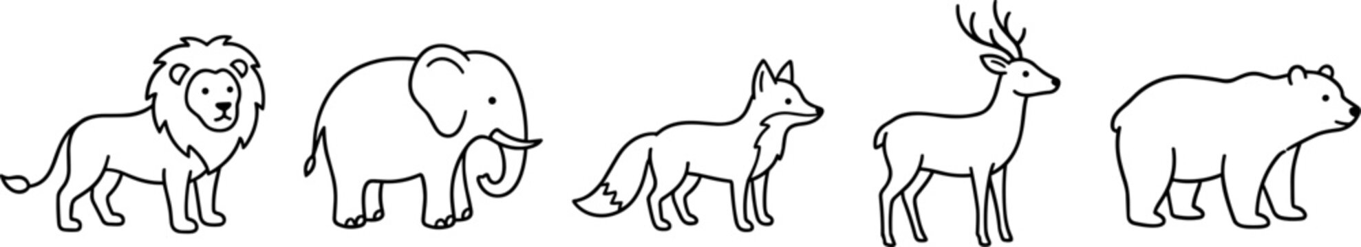 wild animal icons with lion elephant fox deer and bear in line style on transparent background