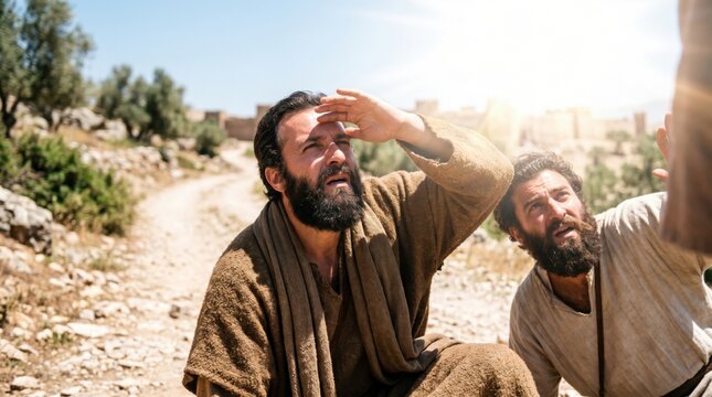 Saul blinded by divine light on the road to Damascus. Biblical scene depicting biblical man witnessing a miracle from God. Ancient historical event from Acts of the Apostles chapter nine.