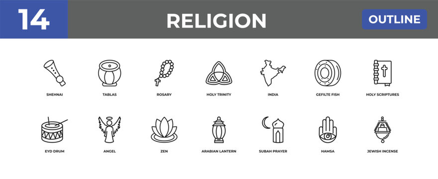 outline religion icons set - shehnai, tablas, hamsa. editable vector for web and mobile ui