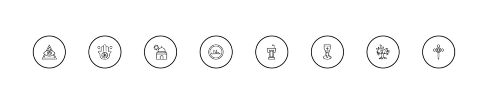 outline religion icons set - zuhr prayer, halal, tribune. editable vector for web and mobile ui