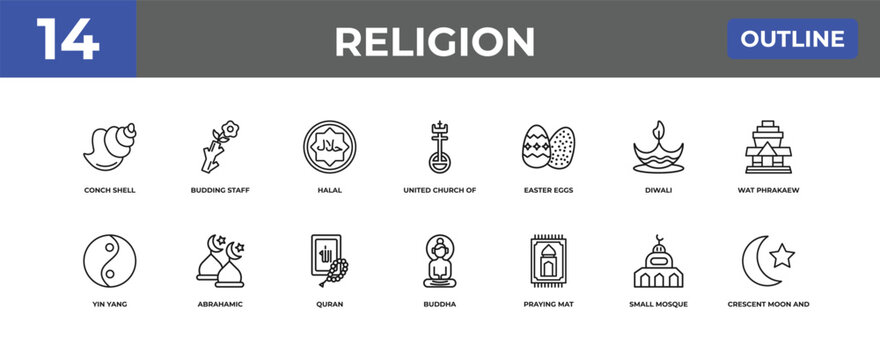 outline religion icons set - conch shell, budding staff, small mosque. editable vector for web and mobile ui