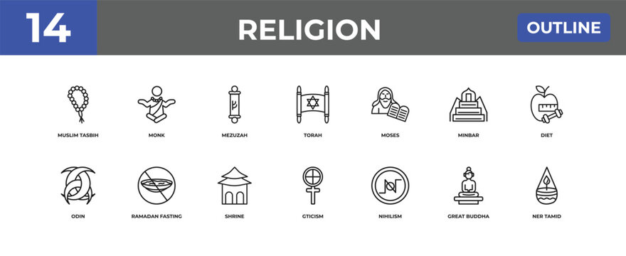 outline religion icons set - muslim tasbih, monk, great buddha. editable vector for web and mobile ui