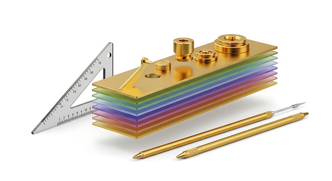 Precision engineering components stacked in colorful layers, metallic gold and silver, with drafting triangle and calipers, concept of manufacturing and technology