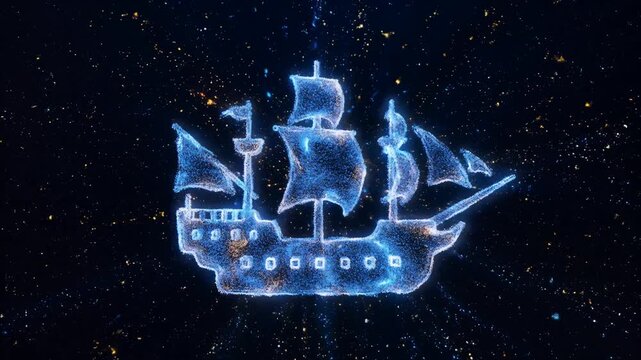 Glowing Particle Animation of a Sailing Ship Forming in Space for Motion Graphics