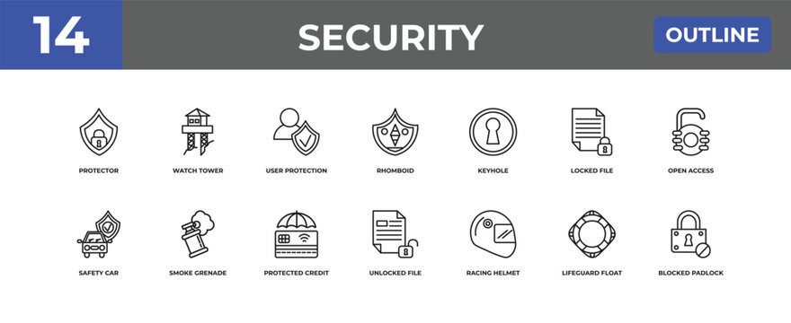 outline security icons set - protector, watch tower, lifeguard float. editable vector for web and mobile ui