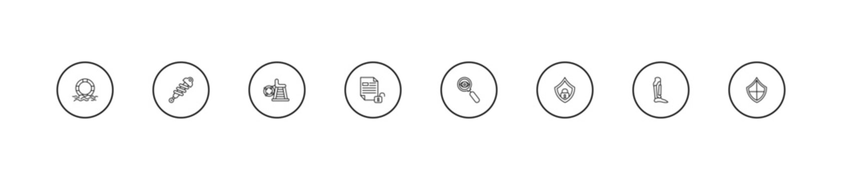 outline security icons set - lifeguard chair, unlocked file, insight. editable vector for web and mobile ui