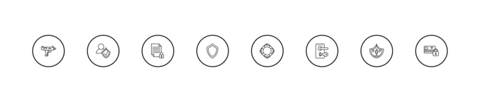 outline security icons set - locked file, black shield, lifeguard float. editable vector for web and mobile ui