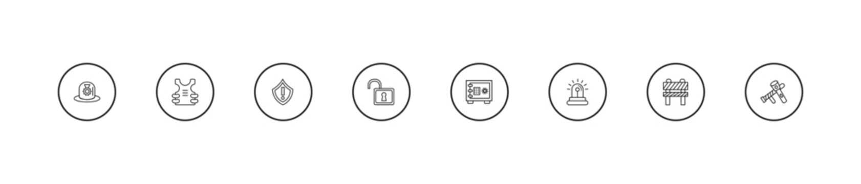 outline security icons set - security warning, unlocked padlock, safe box. editable vector for web and mobile ui