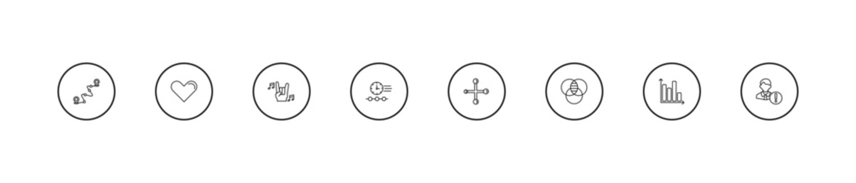 outline social media marketing icons set - rocker, timeline, social normal. editable vector for web and mobile ui