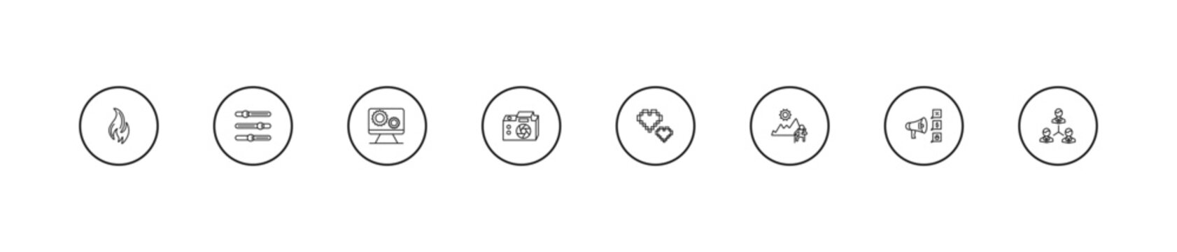 outline social media marketing icons set - system, big photo camera, pixelated. editable vector for web and mobile ui