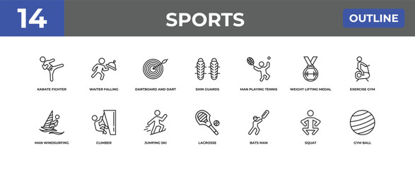 outline sports icons set - karate fighter, waiter falling, squat. editable vector for web and mobile ui © IconArt