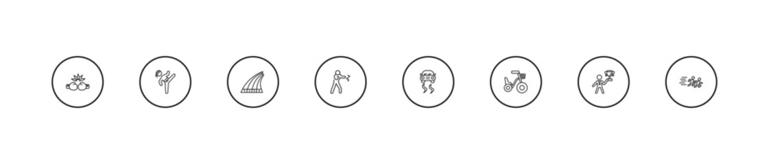outline sports icons set - running track, kickboxing, drift car. editable vector for web and mobile ui © IconArt
