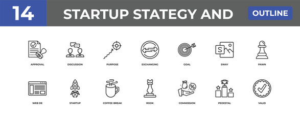 outline startup stategy and icons set - approval, discussion, pedestal. editable vector for web and mobile ui © IconArt