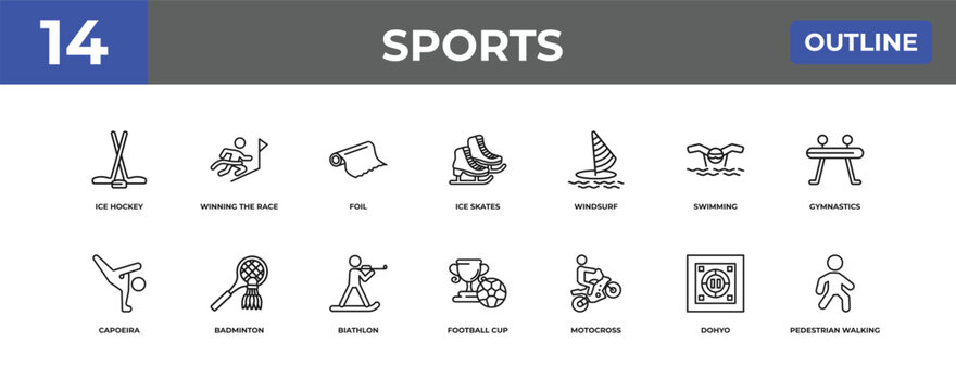 outline sports icons set - ice hockey, winning the race, dohyo. editable vector for web and mobile ui