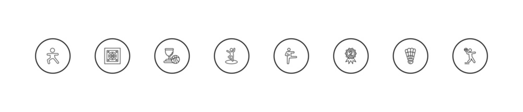 outline sport icons set - basketball champion, dancer motion, karate. editable vector for web and mobile ui