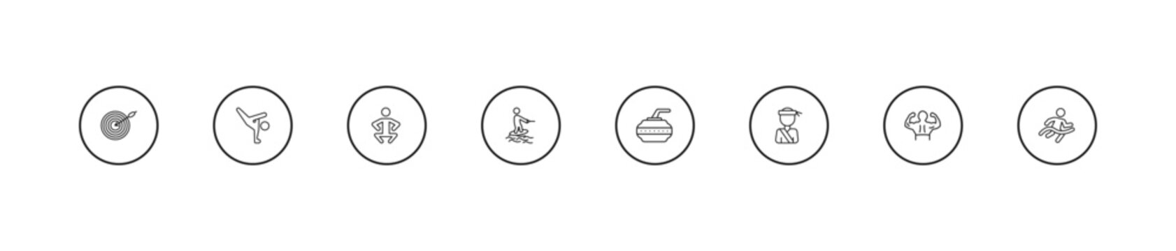 outline sports icons set - squat, surf sea, curling. editable vector for web and mobile ui