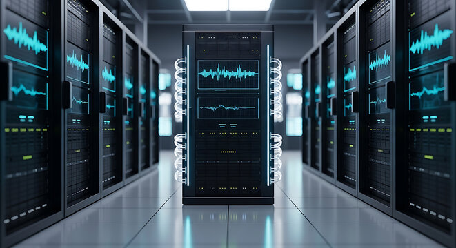 modern server room corridor with illuminated racks and data flow visualization high quality