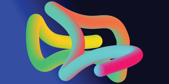 Colorful neon glowing wavy tube flowing through dark blue space creates dynamic futuristic feeling