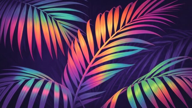 Colorful palm leaf pattern with neon gradient on dark background