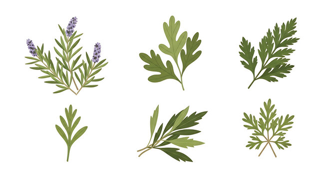 Set of six pixel art botanical illustrations featuring various green leaves and sprigs, including lavender, ideal for natural, organic, or decorative design elements