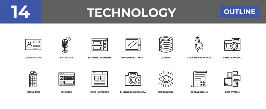 outline technology icons set - user persona, vintage mic, declarations. editable vector for web and mobile ui