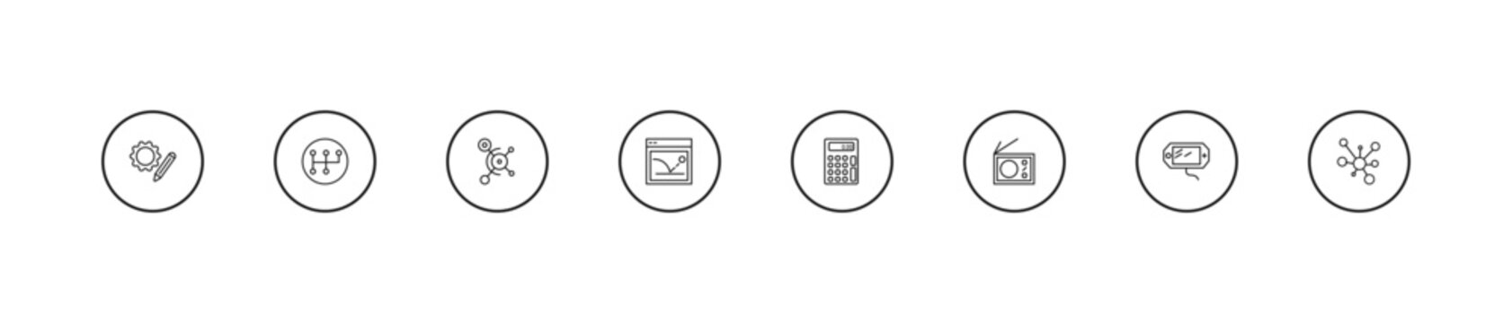 outline technology icons set - social graph, bounce rate, basic calculator. editable vector for web and mobile ui