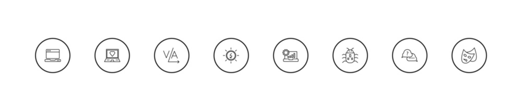 outline technology icons set - kerning, sun energy, analysis process. editable vector for web and mobile ui