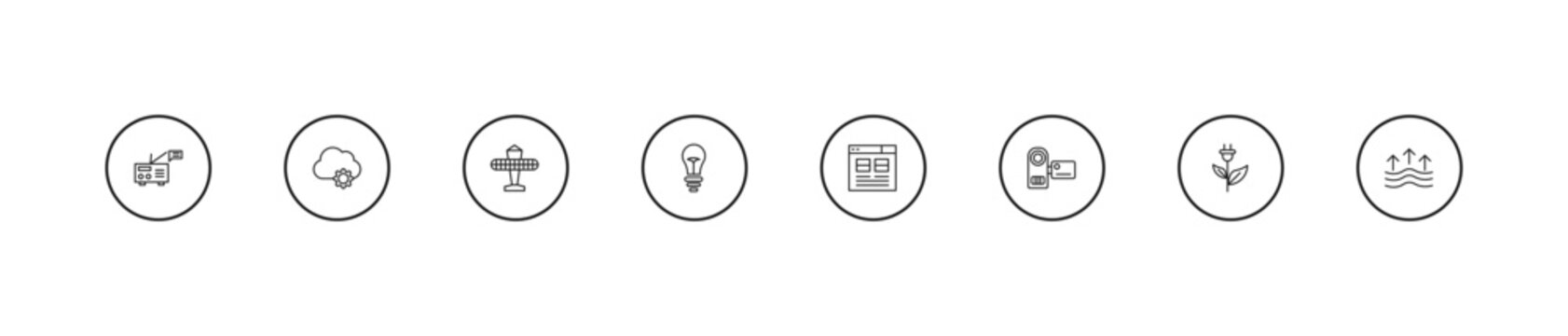 outline technology icons set - solar plane, old light bulb, user interface. editable vector for web and mobile ui