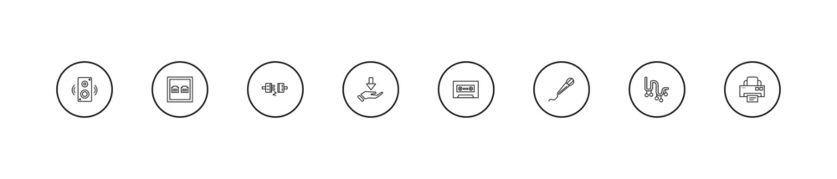 outline technology icons set - plugs, receive, caste tape. editable vector for web and mobile ui