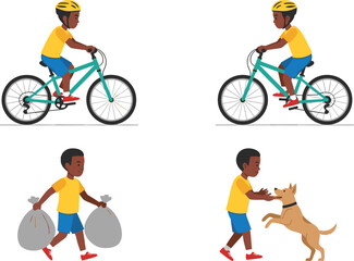 Obraz premium Diverse Young Boy Vector Illustration Set Featuring Bicycle Safety with Helmet, Carrying Recycling Bags, and Playing with a Pet Dog for Healthy Lifestyle and Child Safety Educational ContentDiverse Yo