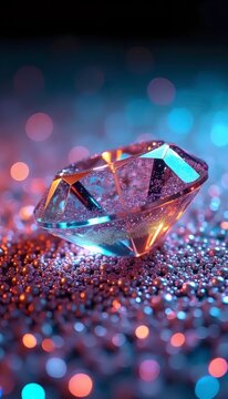 A close up of a diamond on a glittery surface.