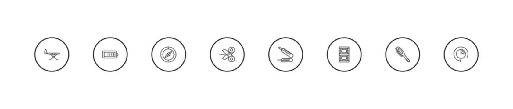 outline tools and utensils icons set - orientation compass, open scissors, thermometers. editable vector for web and mobile ui