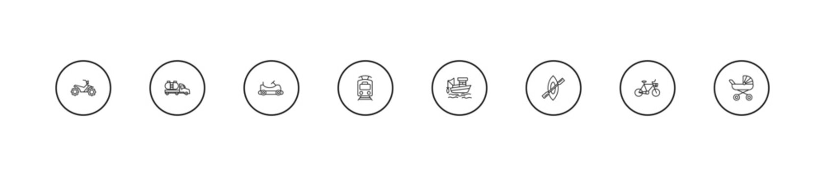 outline transport icons set - go kart, tram, fishing boat. editable vector for web and mobile ui