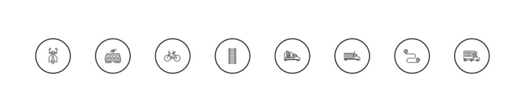 outline transport icons set - bicycle, railway line, gas truck. editable vector for web and mobile ui