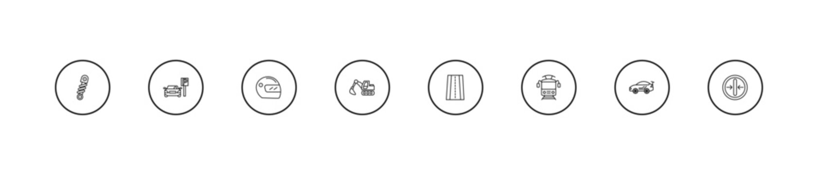 outline transport icons set - motorsport, excavators, road with broken lines. editable vector for web and mobile ui